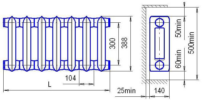 Длина секции. Чугунный радиатор МС-140 схема. Батарея МС 140-500 чертеж. Ширина секции радиатора МС-140. Радиатор отопления МС-140-300 габариты.