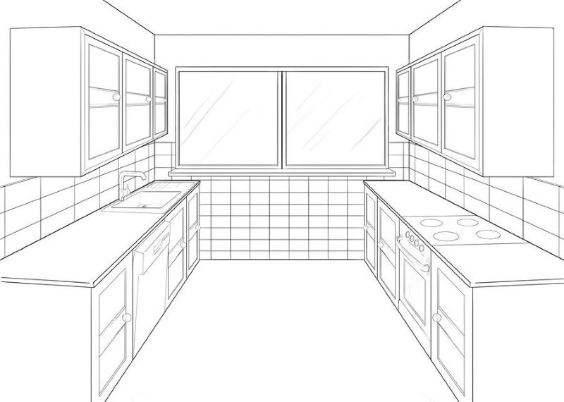 Эскиз квадратной кухни двухрядной планировки