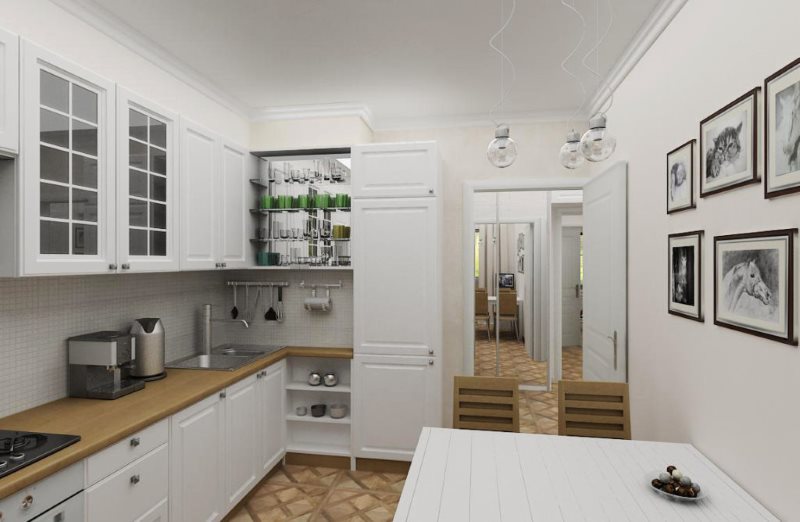 Белая мебель в небольшой кухне скандинавского стиля