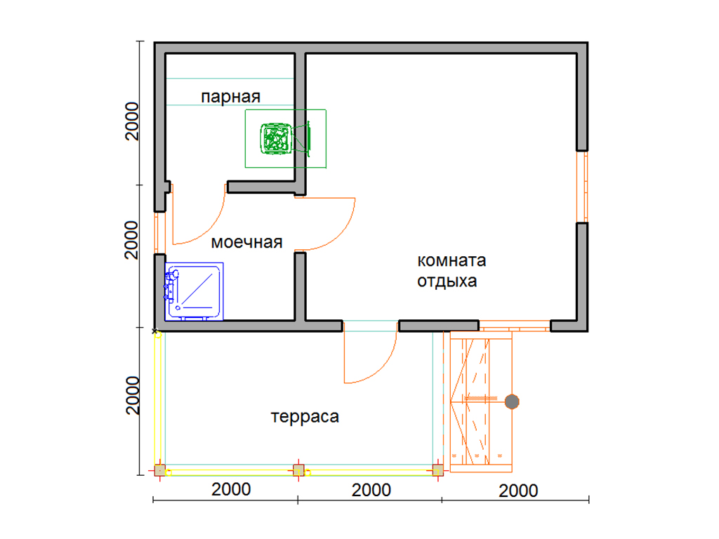 Проект бани из пеноблока с террасой и с комнатой отдыха