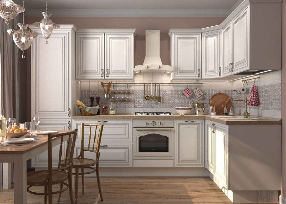 Г-образный кухонный гарнитур с классическими белыми фасадами