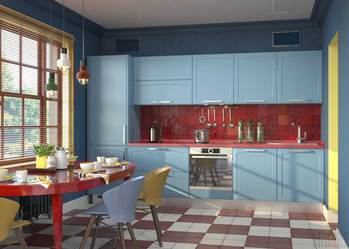 Кухня со встроенным холодильником и голубыми фасадами