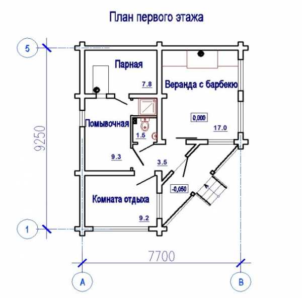 Планировка бани 5х3 мойка и парилка с комнатой отдыха